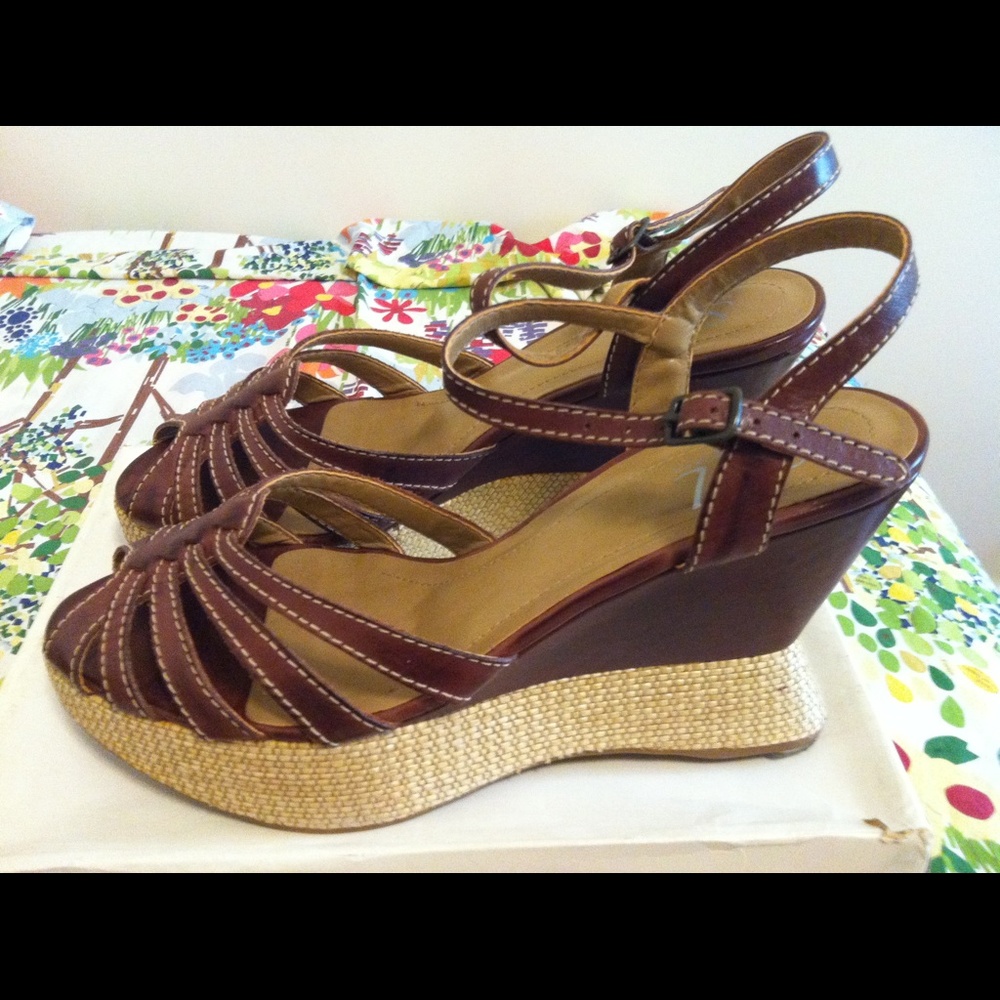 Designer - SOL Brown Leather Open Toe Platform Wedge Sandals